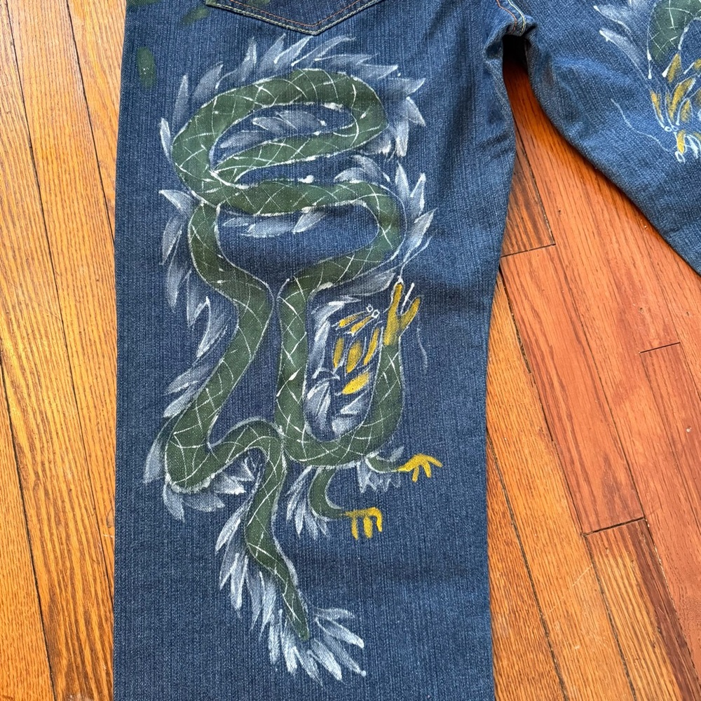 Y2K Evisu Dragon Koi Fish Hand Painted Vintage Denim Jeans - Picture 7 of 16